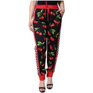 Dolce & Gabbana, Broeken, Dames, Veelkleurig, L, Katoen, Kersenprint Joggerbroek Zwart Rood