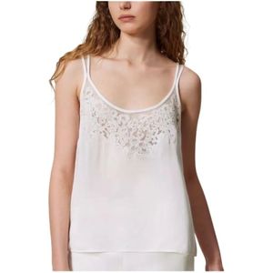 Twinset, Tops, Dames, Wit, L, Katoen, Bloemig geborduurde viscose top