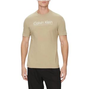 Calvin Klein, Tops, Heren, Beige, L, Katoen, Dubbel Logo Beige Ronde Hals T-Shirt
