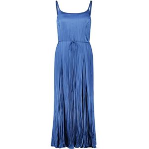 Vince, Kleedjes, Dames, Blauw, XS, Geplooide midi-jurk met achterkant vetersluiting