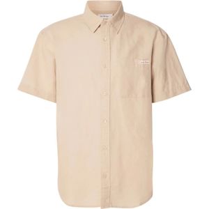 Calvin Klein, Overhemden, Heren, Beige, S, Linnen, Linnen overhemd met Franse kraag
