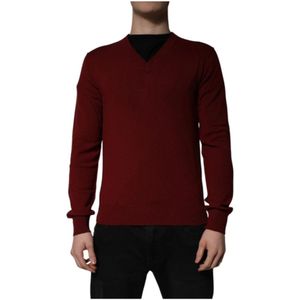 Dolce & Gabbana, Truien, Heren, Bruin, XL, Maroon Cashmere V-neck Pullover Sweater