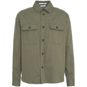 Paolo Pecora, Jassen, Heren, Groen, M, Gabardine Overshirt met Logo Details