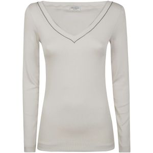Brunello Cucinelli, Tops, Dames, Wit, XS, V-hals Longsleeve T-shirt