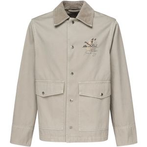 Burberry, Jassen, Heren, Beige, M, Katoen, Beige Velvet Jas met Logo Borduursel