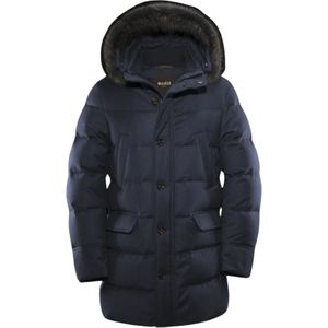 Moorer, Mantels, Heren, Blauw, L, Wol, Parka met ganzenveren vulling en boudin-quilted buitenkant