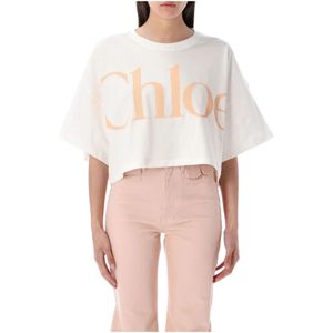 Chloé, Tops, Dames, Wit, XS, Katoen, Wit Logo T-shirt Oversized Crop
