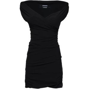 Jacquemus, Kleedjes, Dames, Zwart, 2Xs, Zwarte V-hals jurk korte mouwen