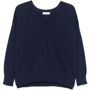 Le Tricot Perugia, Truien, Dames, Blauw, S, Katoen, Navy Blue Katoenen Trui met Geribbelde V-hals