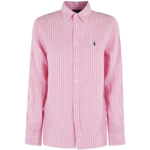 Polo Ralph Lauren, Blouses & Shirts, Dames, Roze, XS, Linnen, Gestreept linnen overhemd in roze en wit