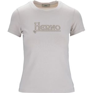 Herno, Tops, Dames, Beige, M, Katoen, T-shirt met bladlogo, korte mouwen