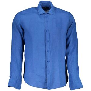 La Martina, Overhemden, Heren, Blauw, M, Linnen, Blauw Linnen Overhemd