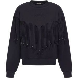 Roberto Cavalli, Sweatshirts & Hoodies, Dames, Zwart, XS, Katoen, Fringe Sweatshirt Zwart Vrouw Gemaakt Italië