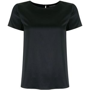 Emporio Armani, Blouses & Shirts, Dames, Blauw, M, Blauwe Stretch-Zijden Scoop Neck T-Shirt