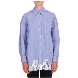 Ermanno Scervino, Blouses & Shirts, Dames, Blauw, M, Katoen, Gestreept Hemelsblauw Overhemd met Strass en Kant