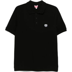 Kenzo, Tops, Heren, Zwart, M, Zwarte Polo Shirt met Knoopsluiting