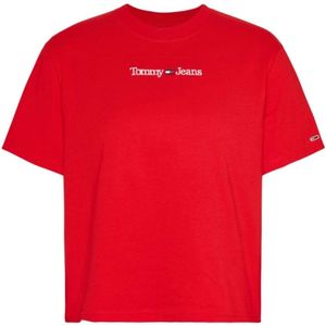 Tommy Hilfiger, Tops, Dames, Rood, S, Katoen, Crimson Crew-neck T-shirt met Logo