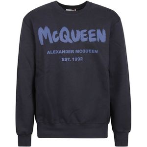 Alexander McQueen, Sweatshirts & Hoodies, Heren, Blauw, S, Katoen, Logo Katoenen Sweatshirt met Ronde Hals
