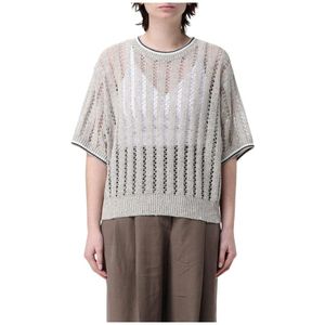 Brunello Cucinelli, Truien, Dames, Beige, XL, Linnen, Beige Openwork Gebreide Trui