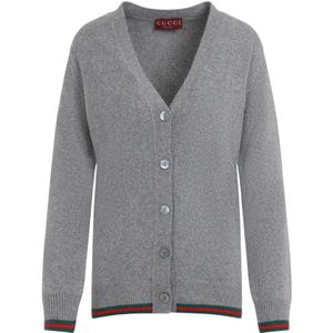 Gucci, Truien, Dames, Grijs, S, Wol, Grijs Melange Vest met Web Detail