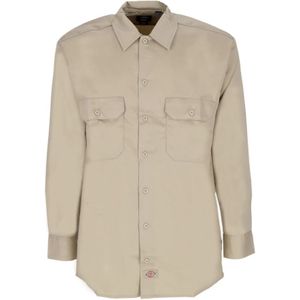 Dickies, Overhemden, Heren, Beige, L, Katoen, Khaki Werkoverhemd met Lange Mouwen