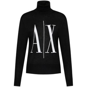 Armani Exchange, Truien, Dames, Zwart, M, Wol, Zwarte Wollen Sweatshirt Aw 24 Polo Hals