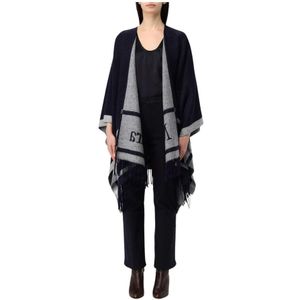 Max Mara, Jassen, Dames, Blauw, ONE Size, Wol, Stijlvolle Fringed Poncho Cape