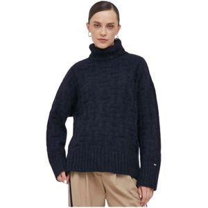 Tommy Hilfiger, Truien, Dames, Blauw, XS, Wol, Logo Design Oversized Turtleneck