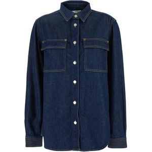 Frame, Blouses & Shirts, Dames, Blauw, S, Denim, Blauwe Oversized Trapunto Shirt met Klassieke Kraag