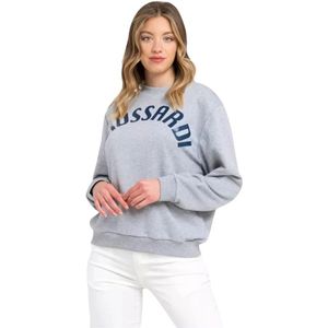 Trussardi, Sweatshirts & Hoodies, Dames, Grijs, XS, Katoen, Grijze Katoenen Oversized Trui met Maxi Lettering