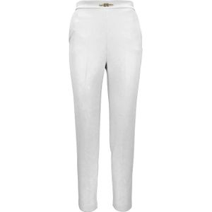 Elisabetta Franchi, Broeken, Dames, Wit, M, Polyester, Gouden Metalen Detail Broek met Rits en Haaksluiting