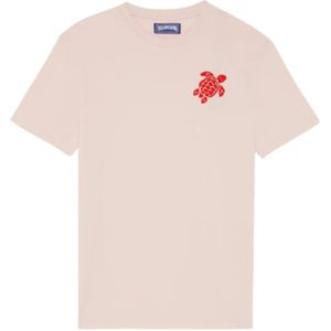 Vilebrequin, Tops, Heren, Roze, M, Katoen, T-shirt gemaakt van biologisch katoen met geborduurde schildpad voor heren
