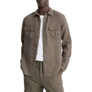 Vince, Overhemden, Heren, Bruin, XL, Linnen, Linnen Utility Shirt met Cargo Zakken