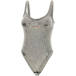 Diesel, Tops, Dames, Grijs, M, Denim, Grijze Cami Bodysuit met Denim Effect