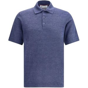 Brunello Cucinelli, Tops, Heren, Blauw, 3Xl, Melange Polo Sweater met Geribbelde Kraag
