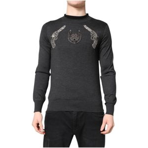 Dolce & Gabbana, Truien, Heren, Grijs, S, Kasjmier, Grijze Geborduurde Gebreide Heren Pullover Trui