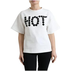 Dolce & Gabbana, Tops, Dames, Wit, 2Xs, Katoen, Kristalversierd T-shirt met Motief