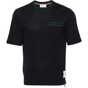 Thom Browne, Tops, Heren, Blauw, M, Katoen, Racking Stitch Pocket T-Shirt