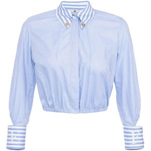 Elisabetta Franchi, Blouses & Shirts, Dames, Blauw, S, Katoen, Gestreept Kraag Katoen Poplin Cropped Shirt