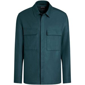 Z Zegna, Jassen, Heren, Blauw, S, Linnen, Blauw Linnen Overhemd met Knoopsluiting