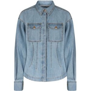 Elisabetta Franchi, Blouses & Shirts, Dames, Blauw, M, Denim, Zijden Denim Shirt met Contraststiksels