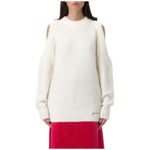 Ganni, Truien, Dames, Wit, L, Wol, Geribbelde Gebreide Cold Shoulder Trui