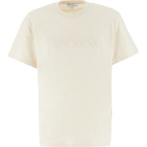 JW Anderson, Tops, Heren, Beige, L, Katoen, Logo Geborduurd T-shirt met Ronde Hals