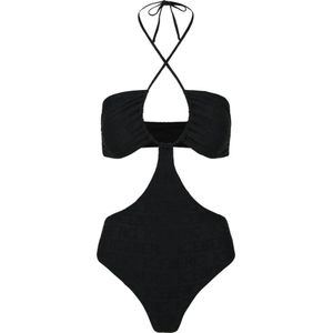 Iceberg, Badkleding, Dames, Zwart, M, Zwarte badpak met cut-out design en allover Iceberg logo
