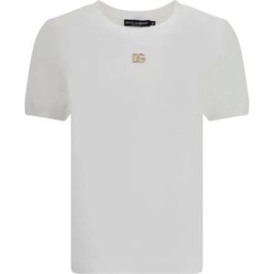 Dolce & Gabbana, Tops, Dames, Wit, S, Katoen, T-shirt met Rhinestone Logo