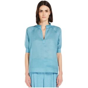 Max Mara Studio, Blouses & Shirts, Dames, Blauw, L, Blauwe Raglanmouw Blouse met Ruches