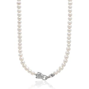Nialaya, Accessoires, Heren, Grijs, S, Witte Parelketting met Zilveren Panterkop Sluiting