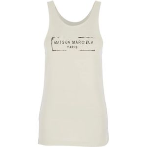 Maison Margiela, Tops, Dames, Beige, XS, Katoen, Beige Top met wijde halslijn en logo