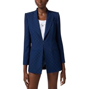 Elisabetta Franchi, Jassen, Dames, Blauw, XL, Satijn, Satijnen Jacquard Blazer met Gestructureerde Schouders