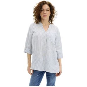 IN Front, Blouses & Shirts, Dames, Blauw, 2Xl, Linnen, Blauwe linnen shirt met gestreepte print